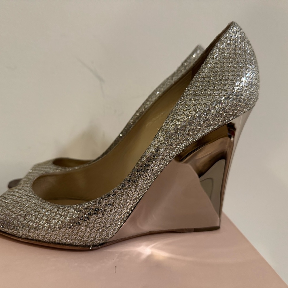 Jimmy Choo Champagne Glitter Peep-Toe Heels - Picture 2 of 12